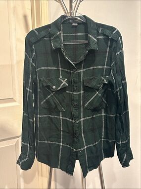 Sanctuary Forest Green Plaid Shirt with White Windowpane